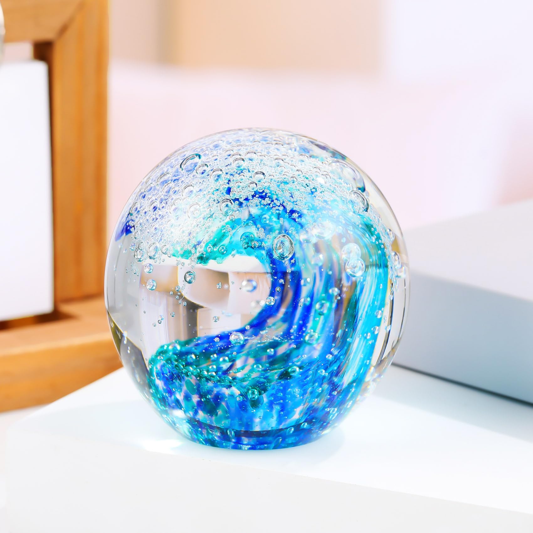 YWHL Hand Blown Ocean Decor Glass Waves Figurines Ball, Ocean Themed Gifts for Women Men, Sea Glass Decoration Collectible Figurines Paperweight for Home Office Decor