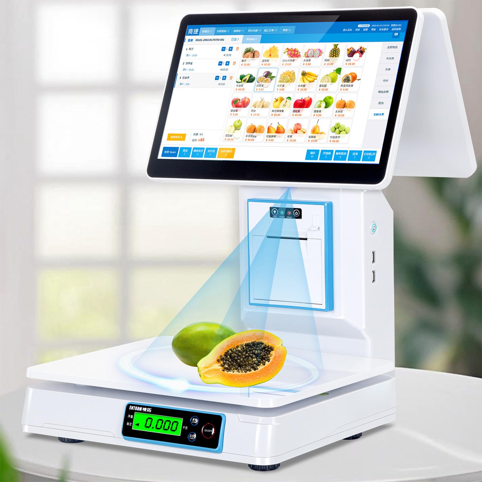 TPV con Báscula para Comercios, Pantalla Táctil Capacitiva De 15.6", Capacidad De 30 Kg (66 LB), para Comercios Y Supermercados, 8 GB De RAM, 128 GB De SSD Dualscreen