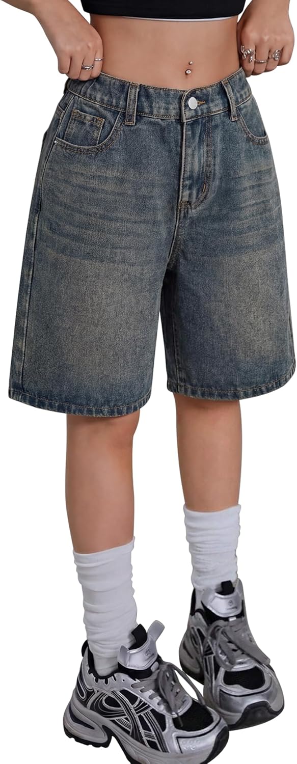 Girls Jean Shorts High Waisted Wide Leg Baggy Denim Shorts for Teen Trendy Y2k Vintage Bermuda Jorts 13-16Y
