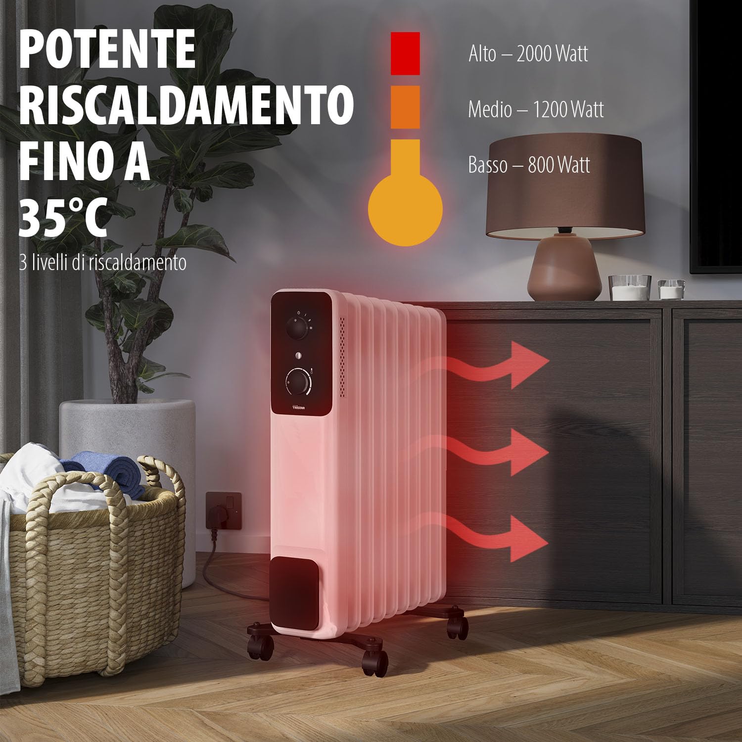 Tristar Radiatore ad Olio - 9 Alette - 2000 W - 3 Livelli di Potenza - Termostato Regolabile - Protezione Anti-surriscaldamento e Anti-ribaltamento - Silenzioso e Facile da Spostare KA-5379