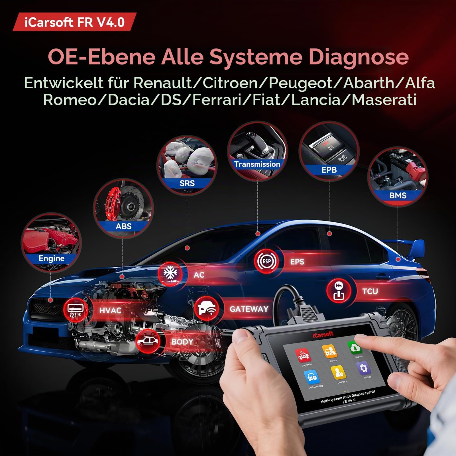 iCarsoft FR Universal Diagnosegerät für Peugeot/Citroen/Renault/FIAT/Dacia, Vollsystem OBD2-Scanner, 43+ Service-Code-Leser, bidirektionaler Test, Auto VIN, WLAN-Update