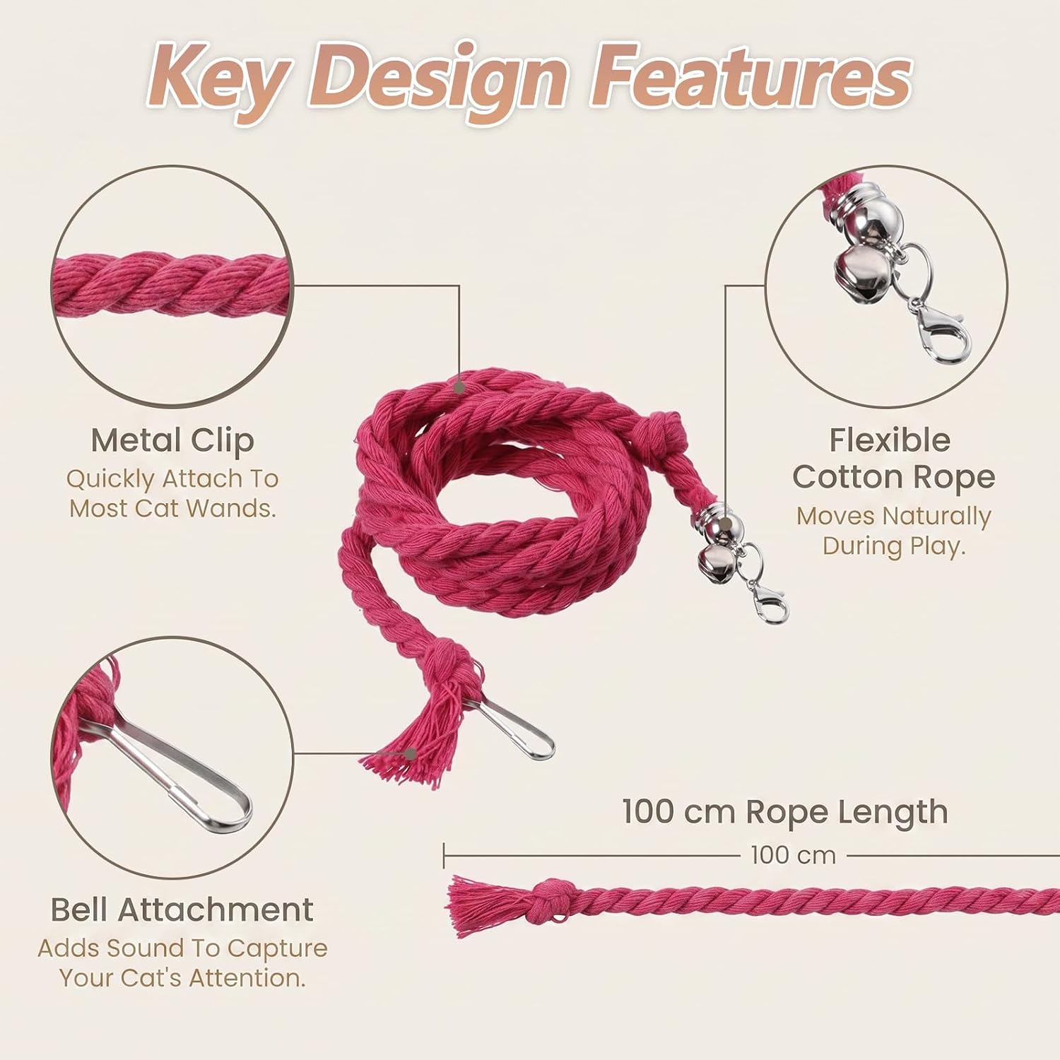 Cat Wand Replacement Strings, Interactive Cat Toy with Clips & Bell image 5