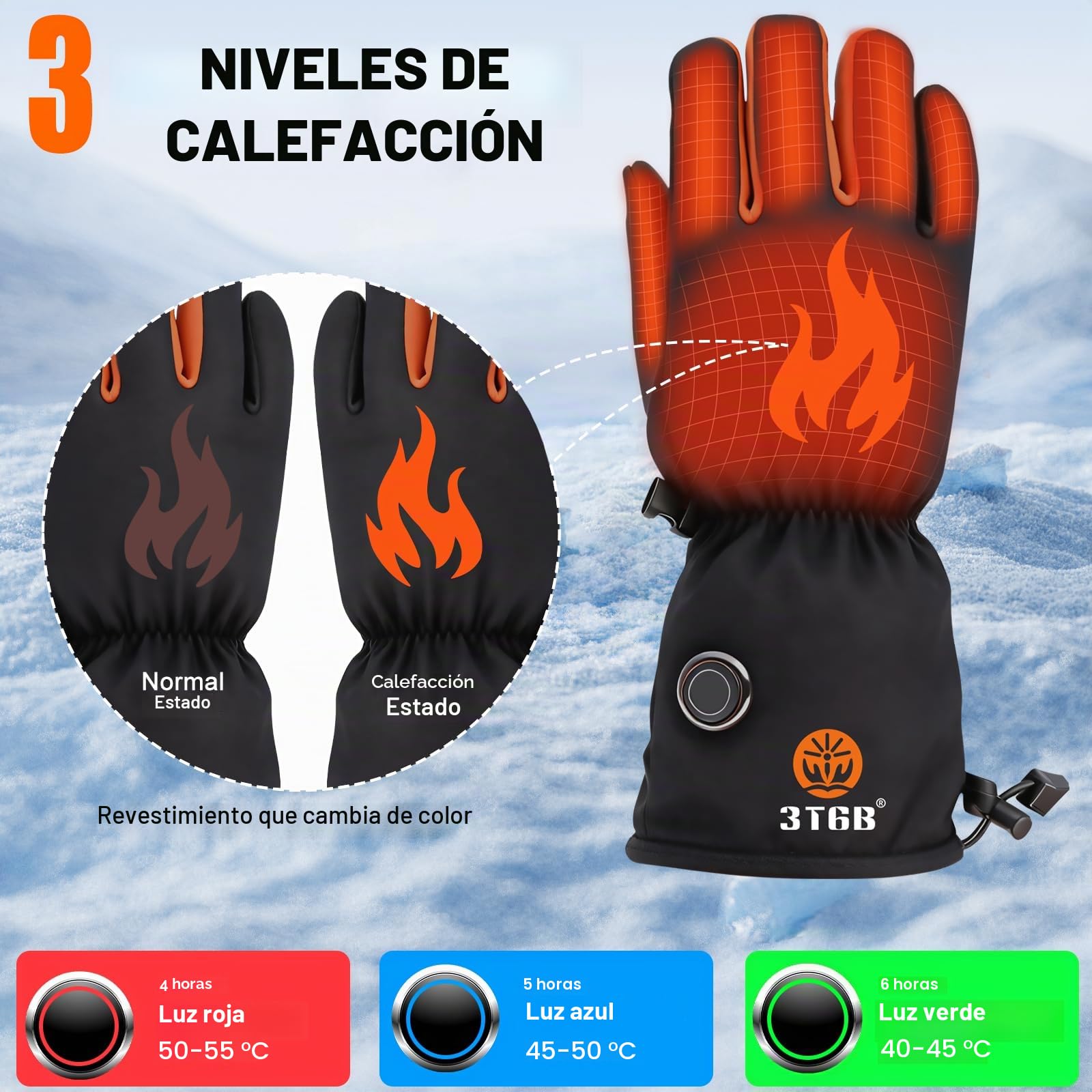 Guantes calefactables Recargables de 6000 mAh para Hombres y Mujeres, Guantes Térmicos Impermeable Pantalla Táctil, 3 Temperaturas Guantes Eléctricos Calefactables para Moto, Bicicleta