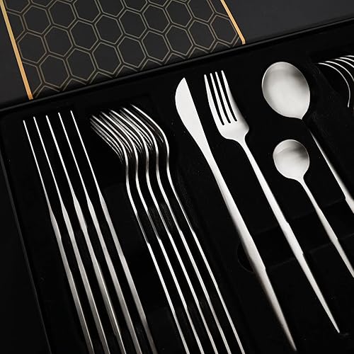 Miniatura 4 de JASHII Juego de cubiertos de plata para regalo, cubiertos de acero inoxidable, acabado mate, juego de cuchara y tenedor con caja de regalo, regalo