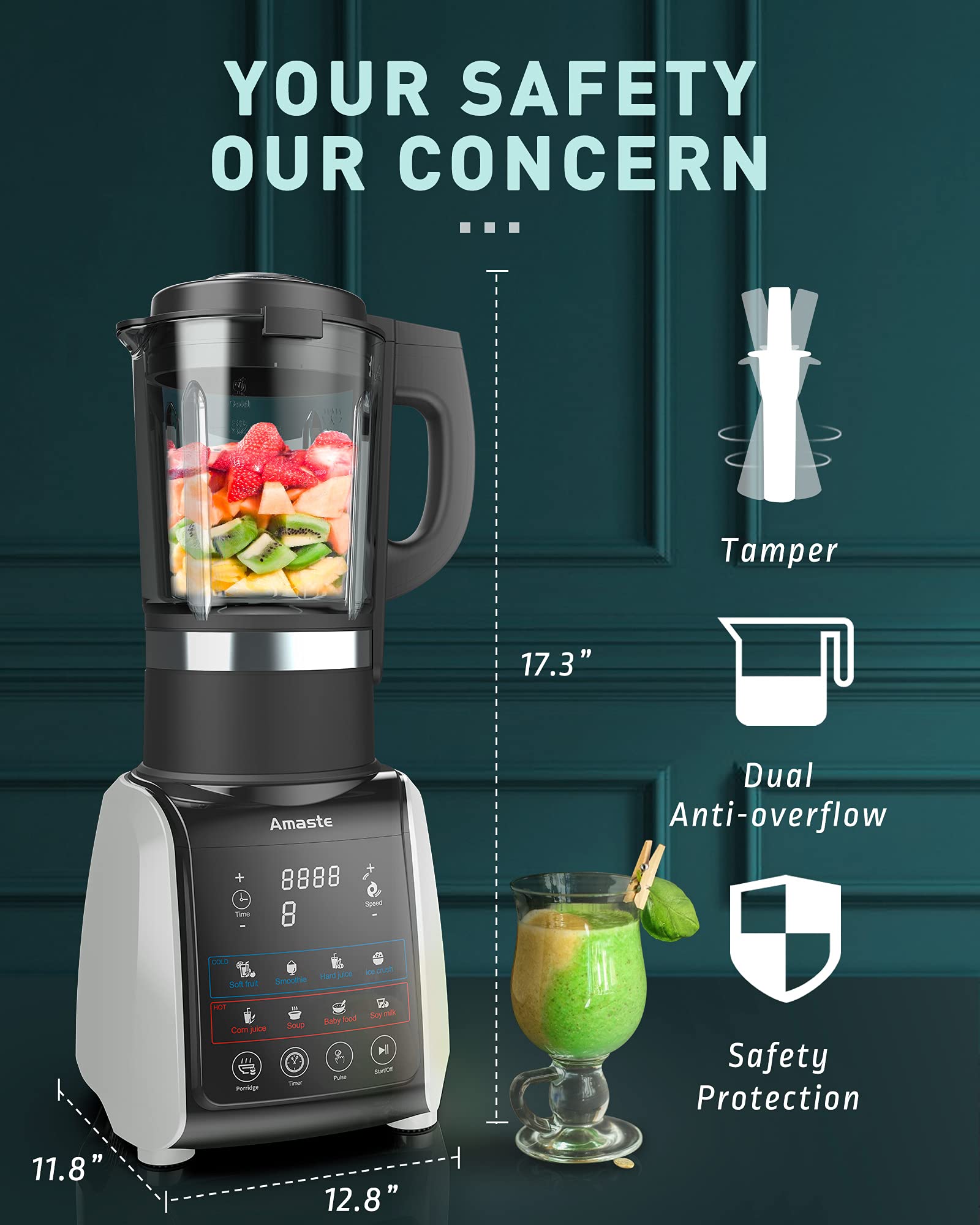 Amaste Blender for kitchen, Glass Blender for Shakes and Smoothies, 1200W High Power Hot and