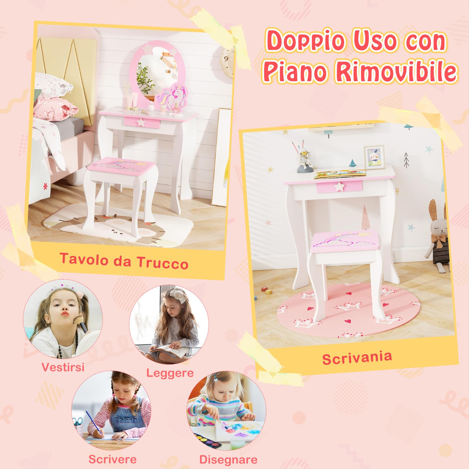 COSTWAY Set Toeletta per Ragazza, Toeletta Trucco per Bambini con Sgabello, Specchio Staccabile e Cassetto, Postazione Trucco in Legno per Cameretta 49.5 x 35.5 x 89cm (Bianco)