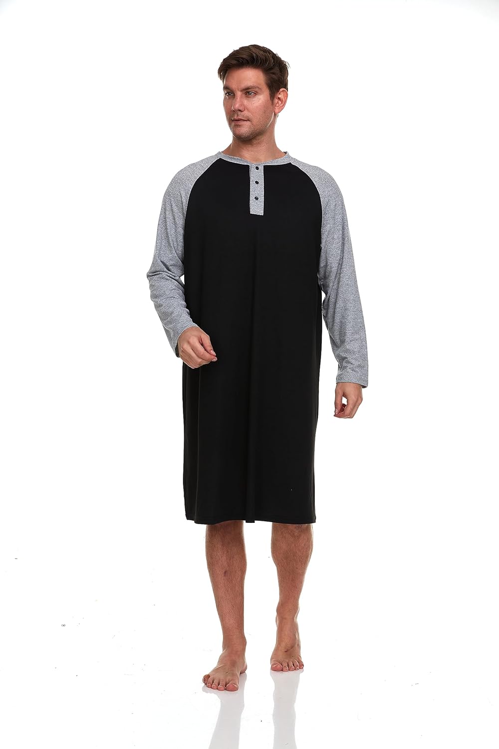 Mens Nightshirt - Long Sleeve Lounge, Sleep Henley Shirt Pajama - Mens Nightgown/Big Sleeping Top, Black - Image 3