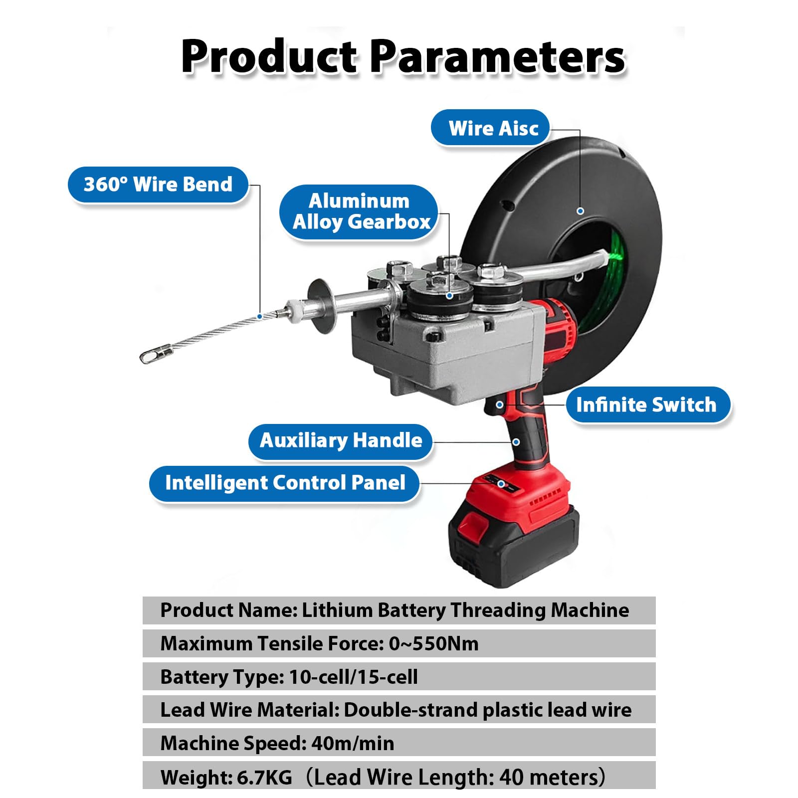 Pasa Cables Electricos Pasacables Electrico Automatico Fuerza 0-550Nm Velocidad 40m/min Autonomía 3-4 Horas para Fontaneros Cableado Construcción Hidroeléctrica 2×Batteries(15Cells)