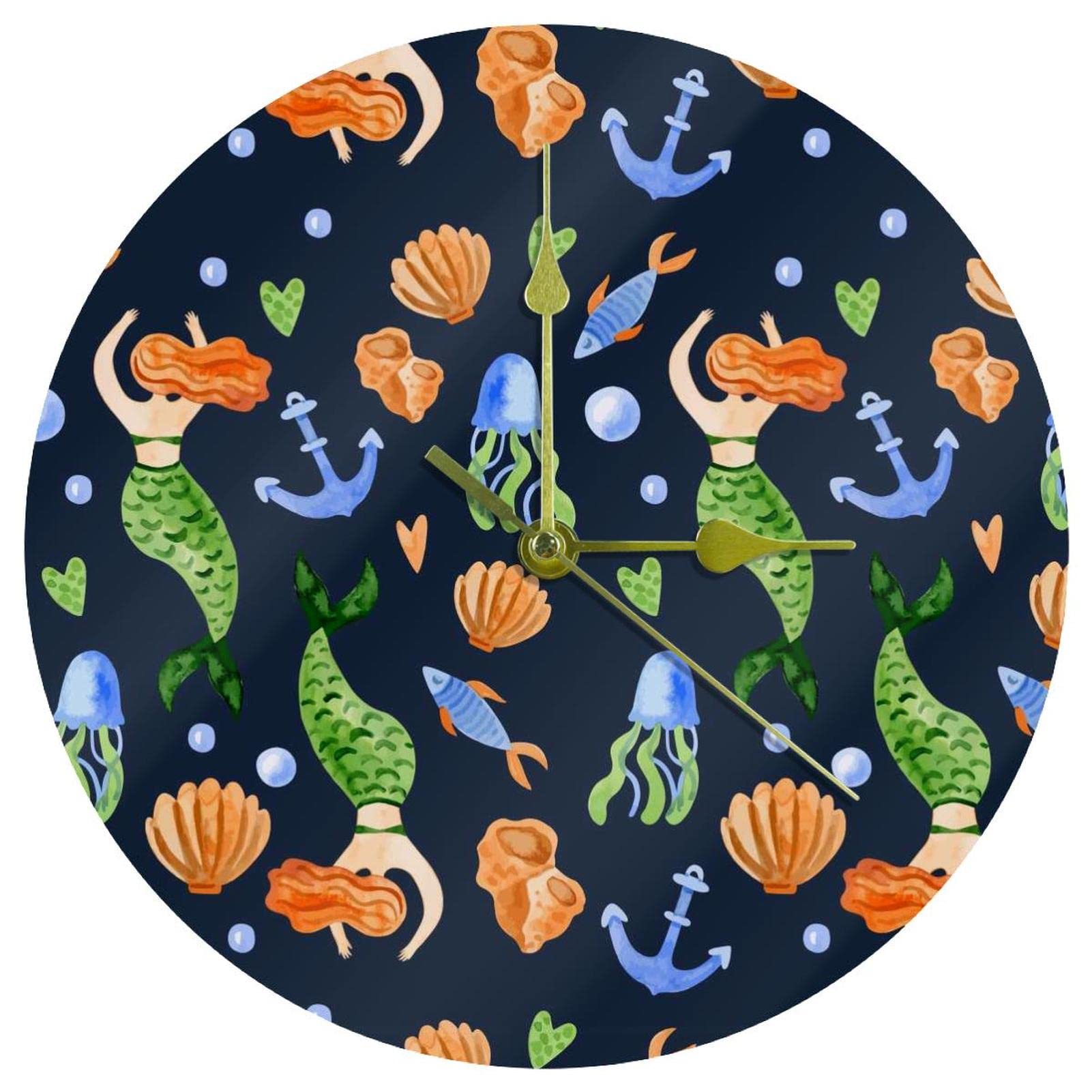 Horloge murale motif sirène en acrylique de 24 cm silencieuse à piles pour déco maison