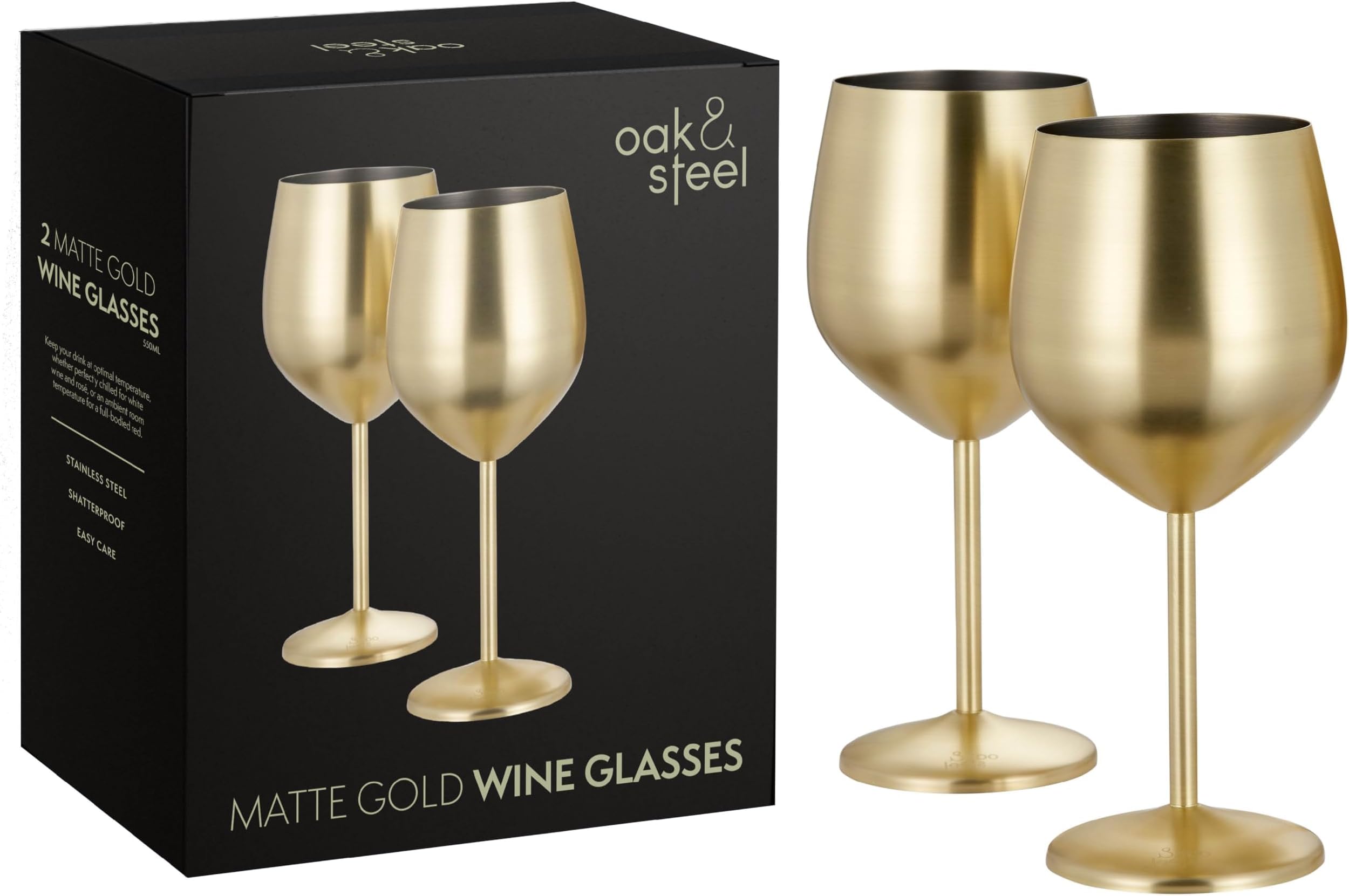 Oak & Steel - 6 Elegant Large Wine Glasses, 550ml - Unbreakable Glass Gift Set for Home Bar, Wedding, Anniversary, Birthday Party - Gold Matte