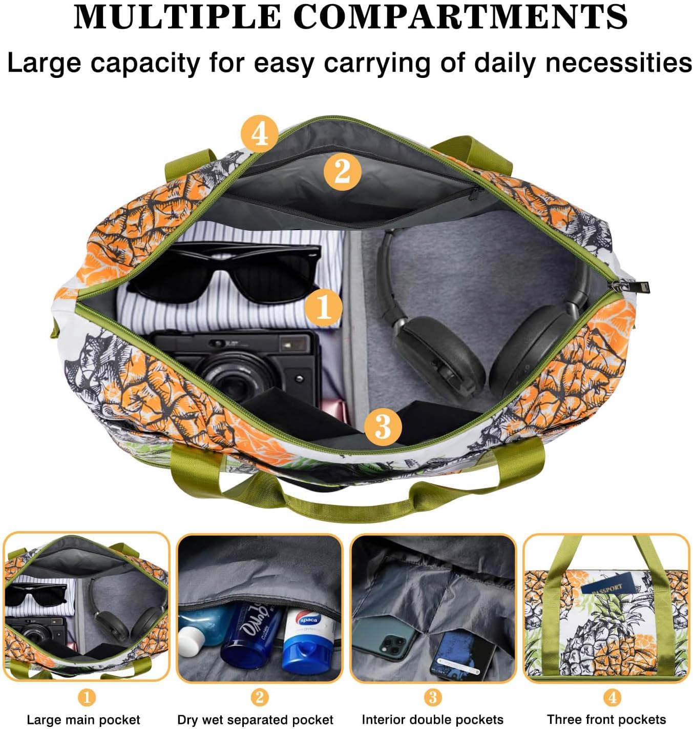 Expandable Travel Duffel Bags for Women Large - Gym Bag Waterproof Pineapple Weekender Beach Tote Carry on Bag with Luggage Sleeve for Spirit Airlines Personal Item Bags Overnight Mom Hospital Duffels