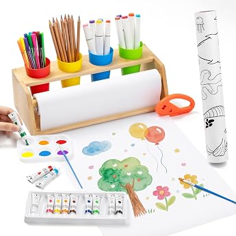 Table Painting Paper Children's Painting Tablecloth with Wooden Holder - Non-Slip Creative Set with Paints Brushes & Paper Roll Painting Children - 35 Pieces - Promotes Independence in School & Home