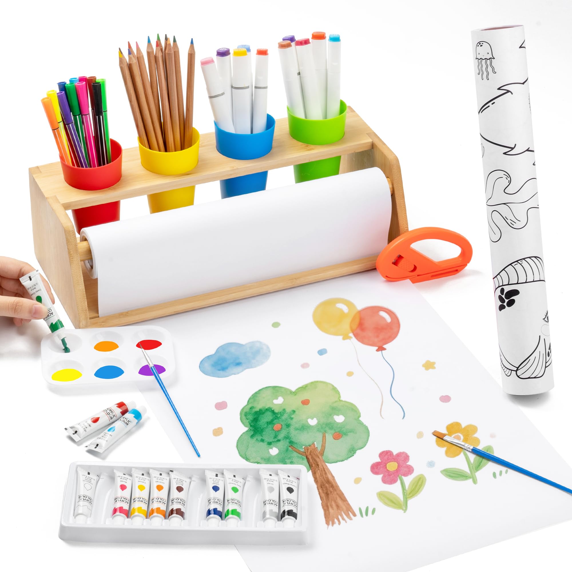 Tisch Malpapier Kinder Maltischdecke mit Holzhalter – Rutschfestes Kreativ-Set mit Farben, Pinseln & Papierrolle Malen Kinder – 35-teilig – Fördert Selbstständigkeit in Schule & Zuhause
