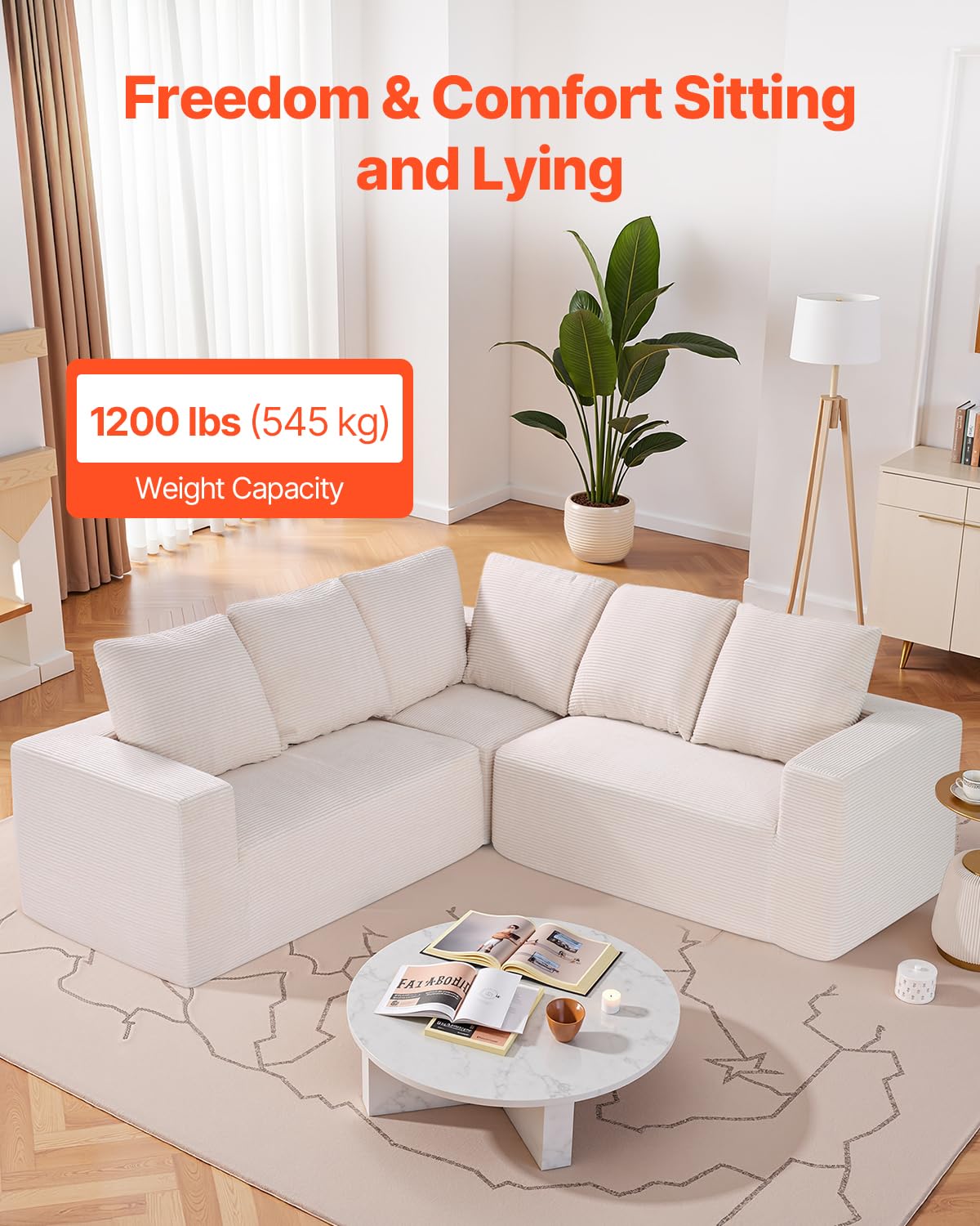 VEVOR Sofá Modular Seccional en Forma de L 2100 x 2100 x 570 mm, Sofá Seccional Nube con Esponja de Alto Rebote y Densidad, Sofá de Pana Tapizado con Cojín para Sala de Estar, Apartamento, Beige