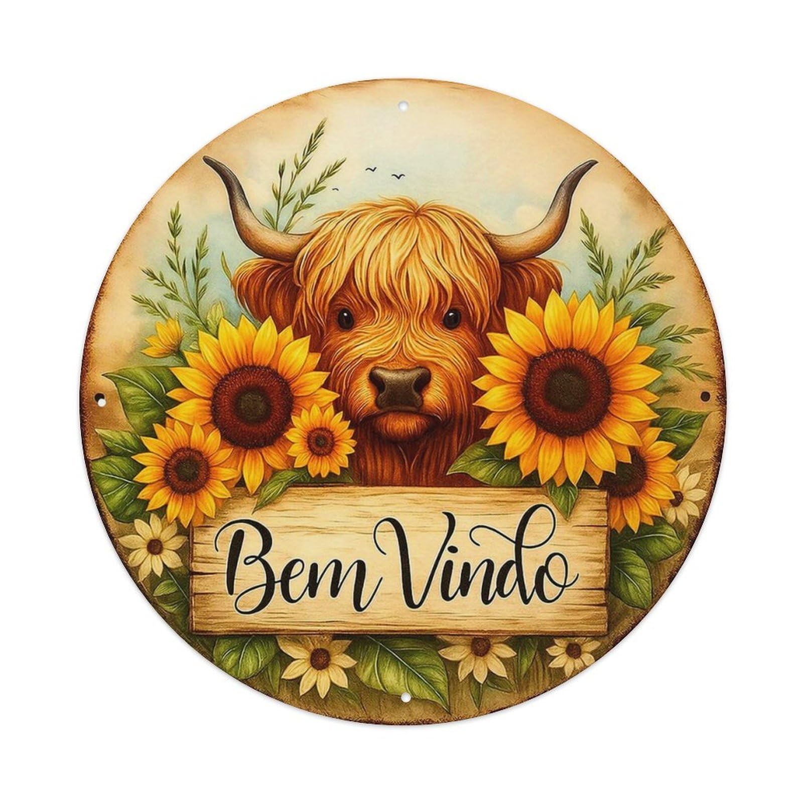 Highland Cow Sunflower Welcome Sign Tin Sign Metal Poster Vintage Metal Signs for Home Man Cave Bar Cafe Kitchen laundry room Wall Decorations 8x8 inches