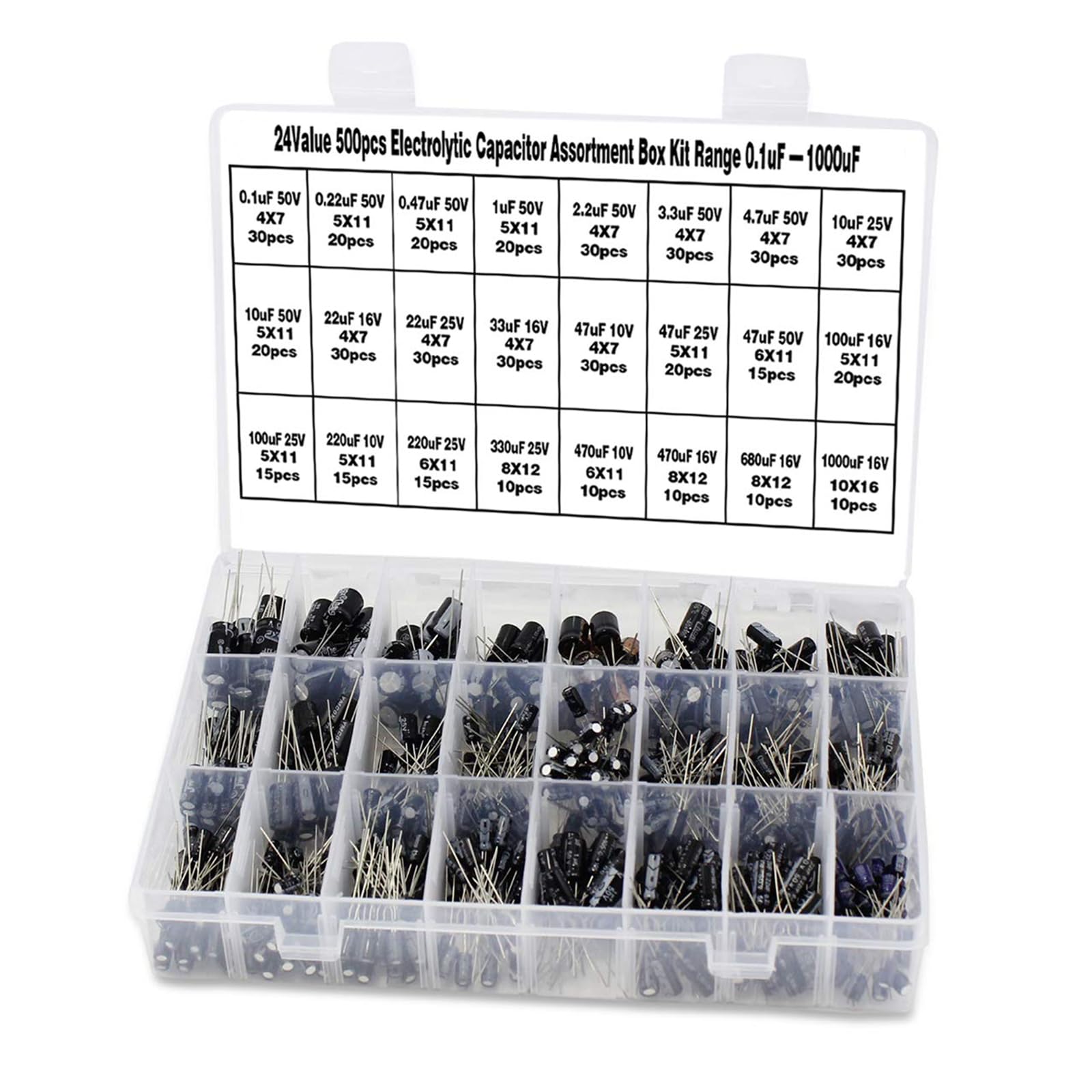 500Pcs 24Values Electrolytic Capacitor Assortment Kit 10V/16V/25V/50V Range 0.1uF-1000uF, Perfect for Electronics, Power Boards & DIY Projects-picture-15