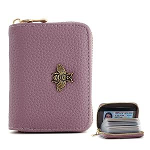 WOZEAH Leather Credit Card Holder for Women Wallet RFID Blocking Zipper Wallet Card Case Business Purple