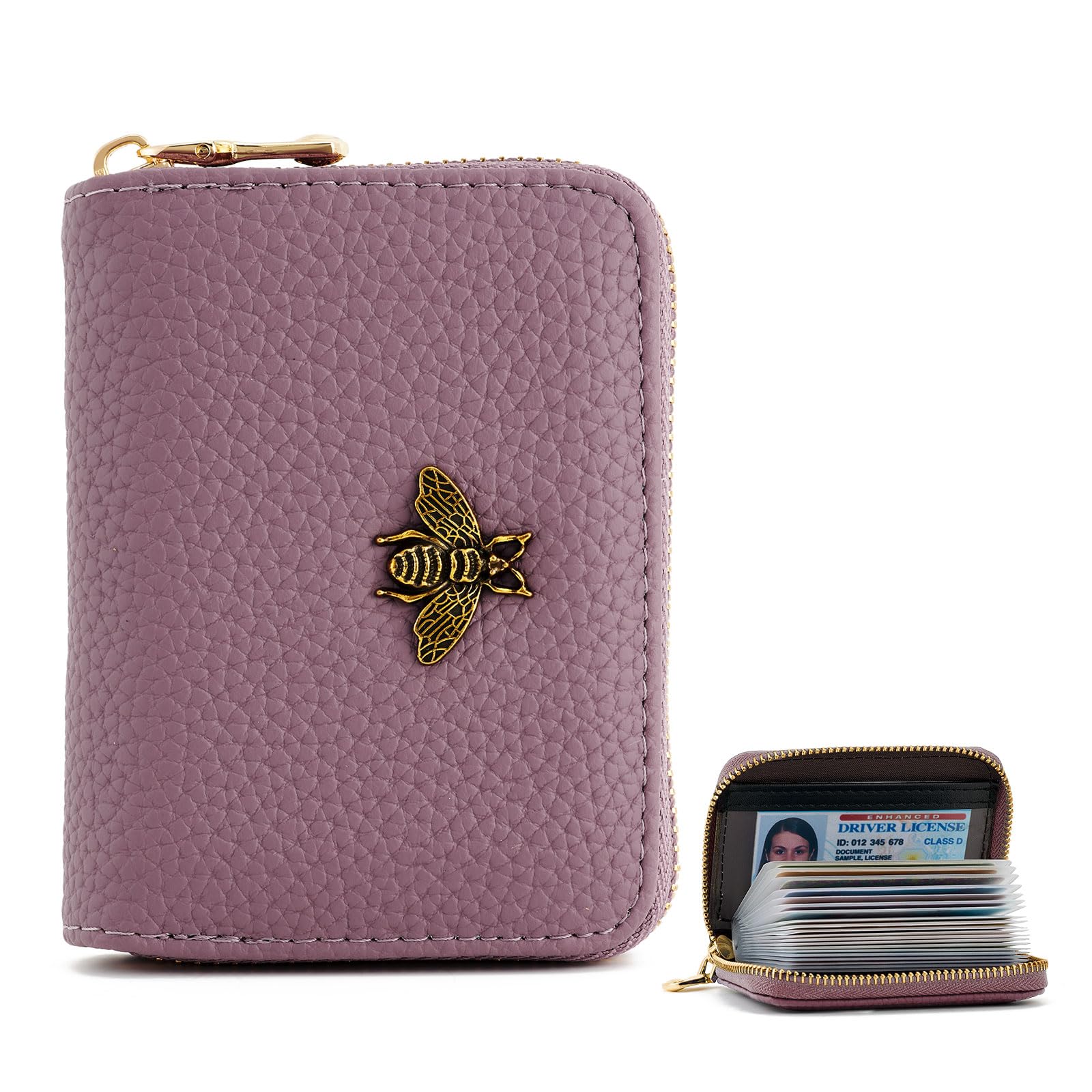 WOZEAH Leather Credit Card Holder for Women Wallet RFID Blocking Zipper Wallet Card Case Business Purple