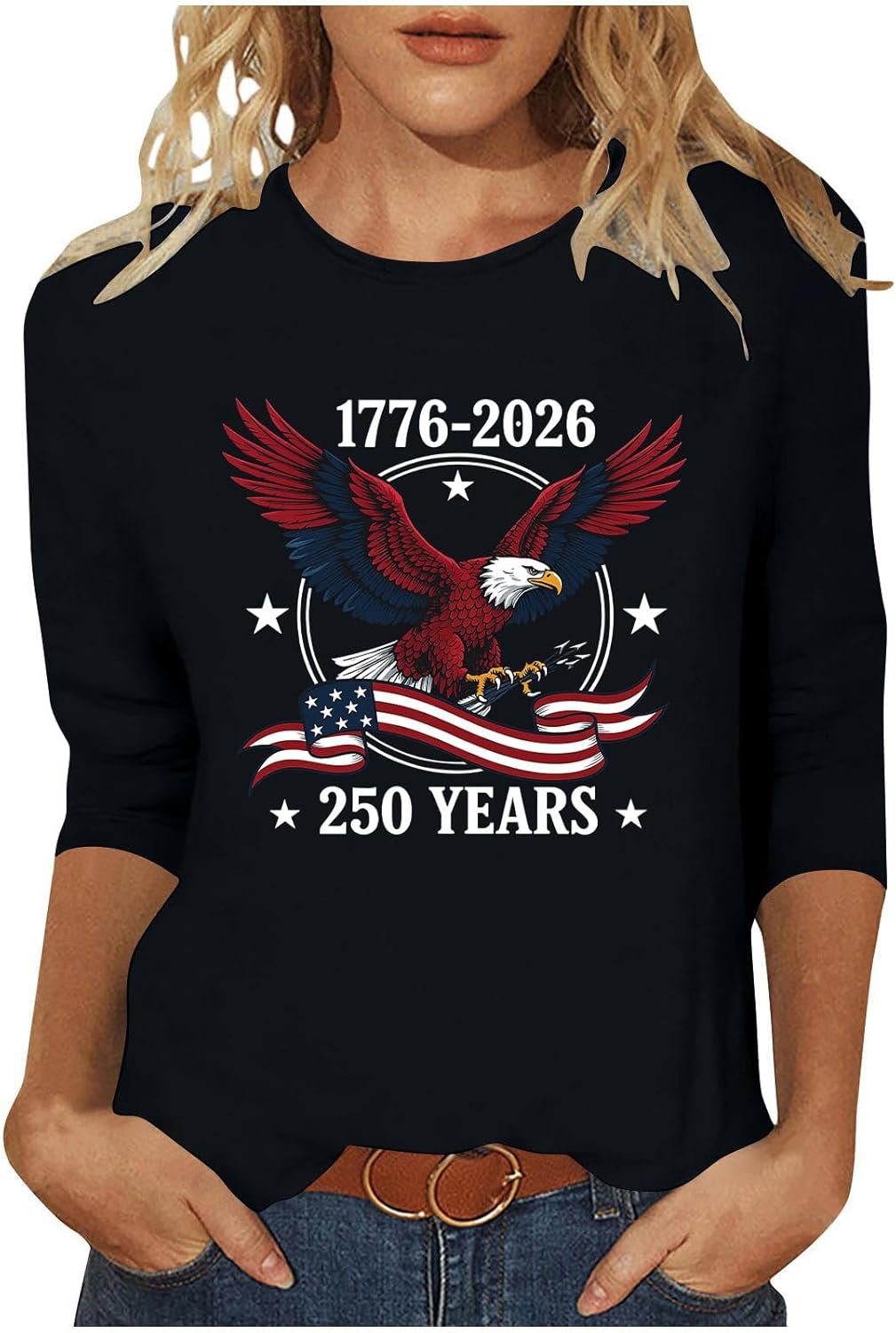 250 Anniversary USA Shirt 3/4 Length Sleeve Womens Tops Patriotic Graphic Tees Shirts Summer Tops 1776-2026