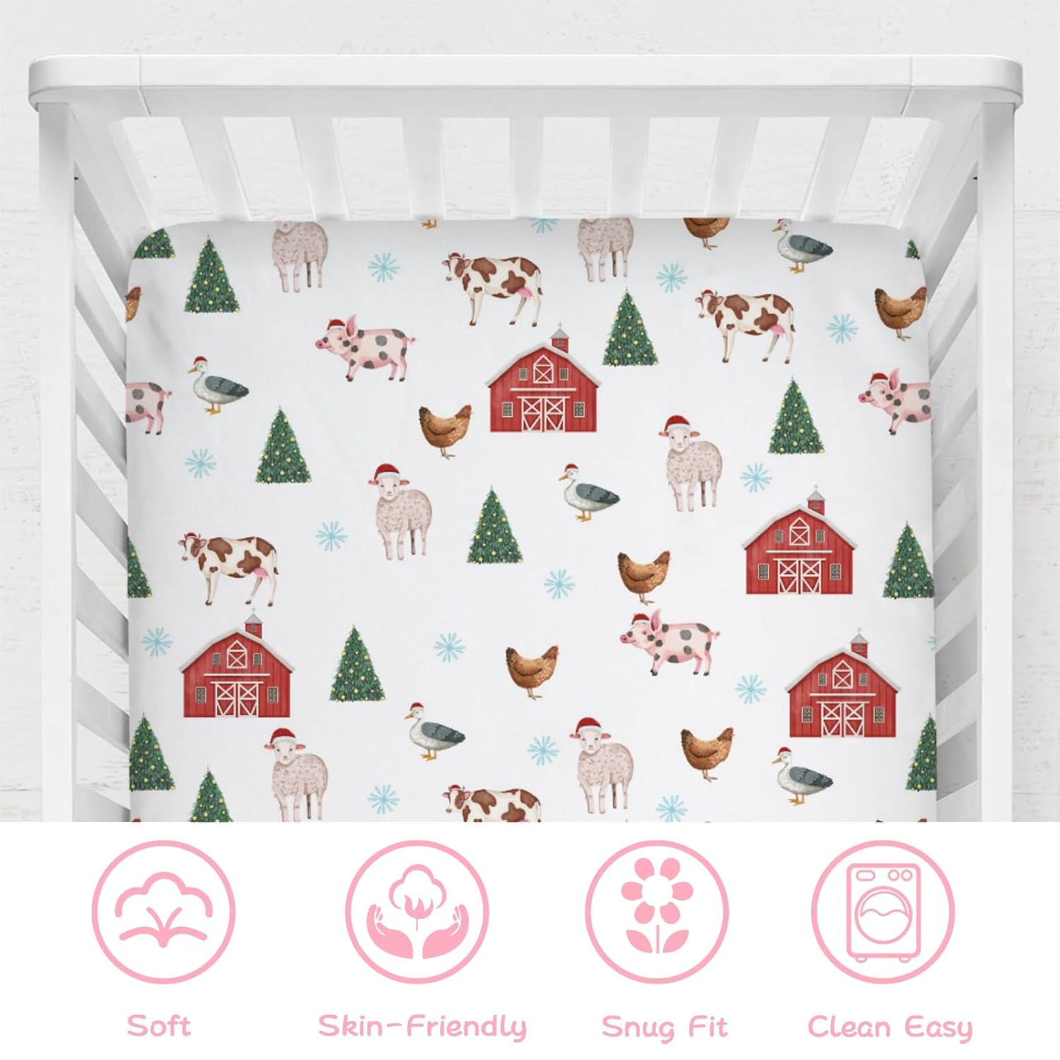 Christmas Farm Animals Baby Crib Sheet 52''x28'' Farmhouse Barn Chicken Pig Duck Tractor Fitted Crib Mattress Sheet Covers for Boy Girl Baby Nursery Bed Sheets for Standard Crib Mattress