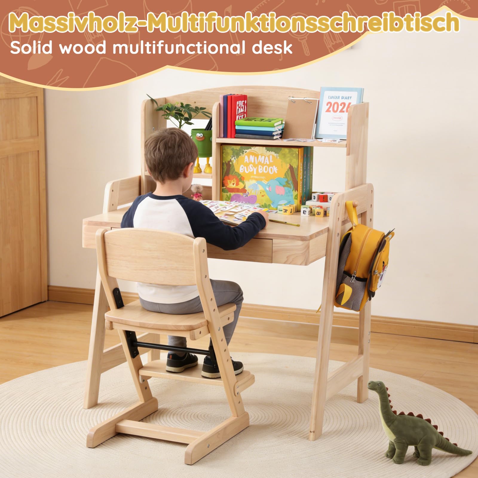 Mesa infantil de madera maciza con espacio de almacenamiento, a partir de 6 años