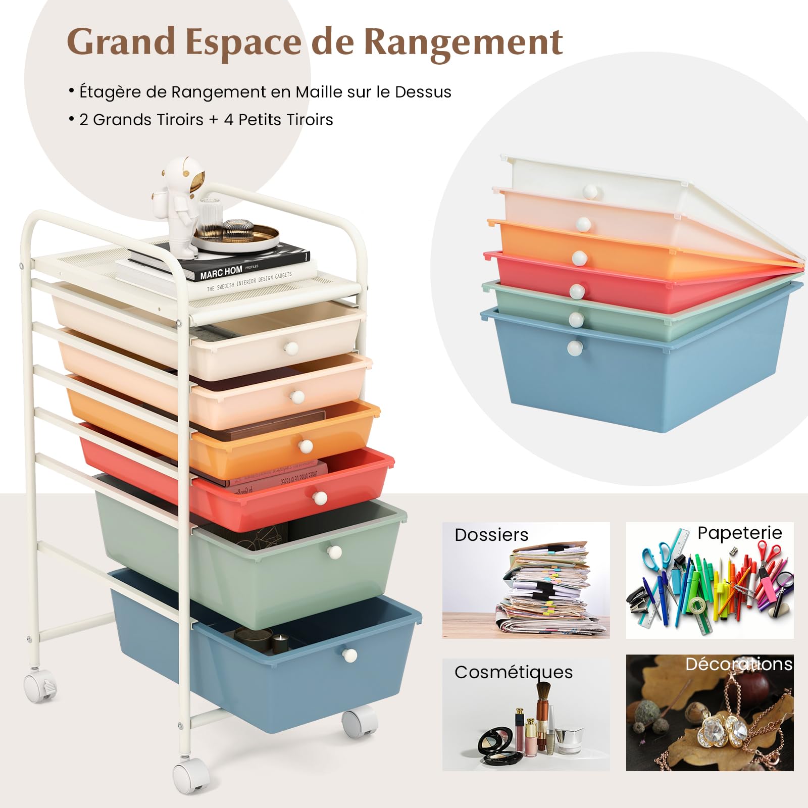GOPLUS Chariot de Rangement à Roulettes Verrouillable 6 Tiroirs Amovibles, Desserte à Roulettes Mobile avec Plateau et Poignée Latéral, Silencieux, Cadre en Métal, 37x32,5x74,5CM, pour Chambre, Bureau