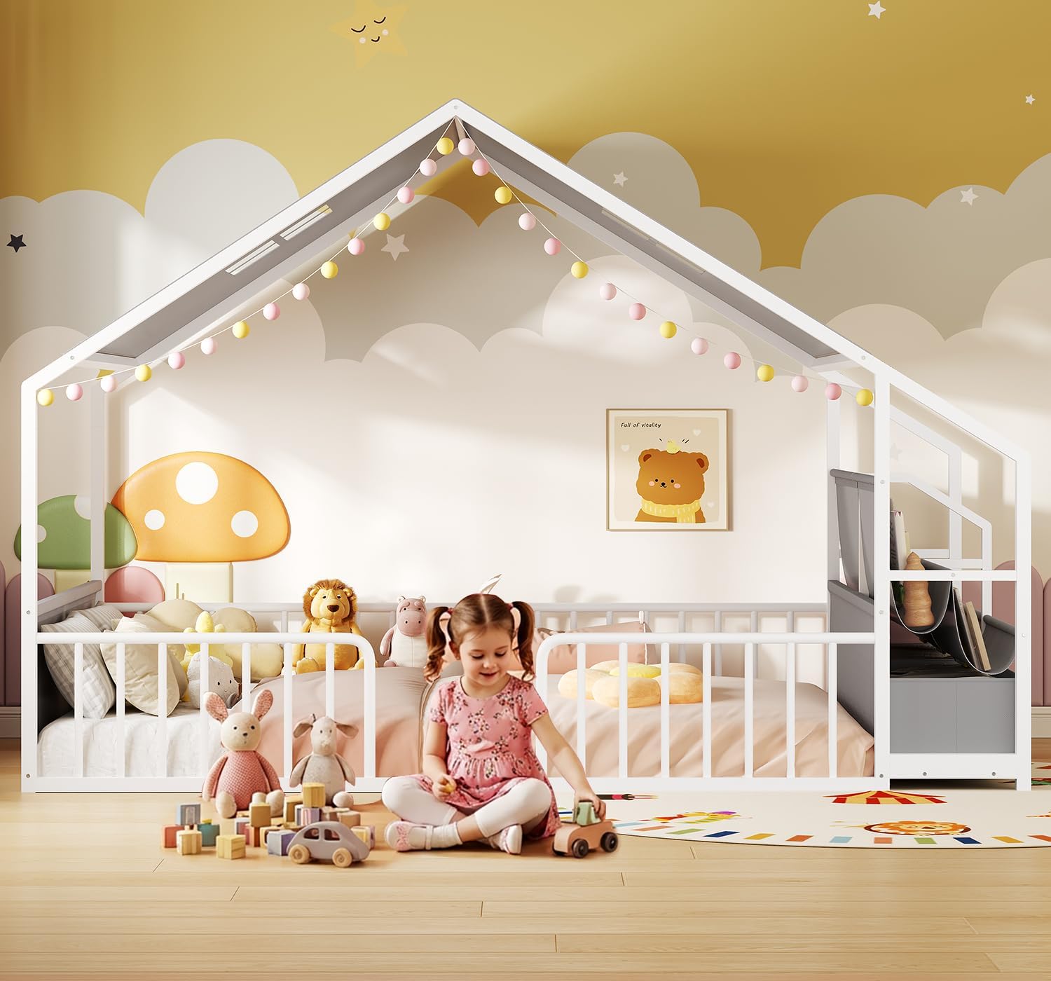 ADORNEVE Montessori Twin Floor Bed Frame with Safety Guardrail for Kids, House Shape Toddler Floor Bed with Sling Bookshelves & Storage Drawers, Metal Floor Bed Twin Size for Bedroom, Nursery, White