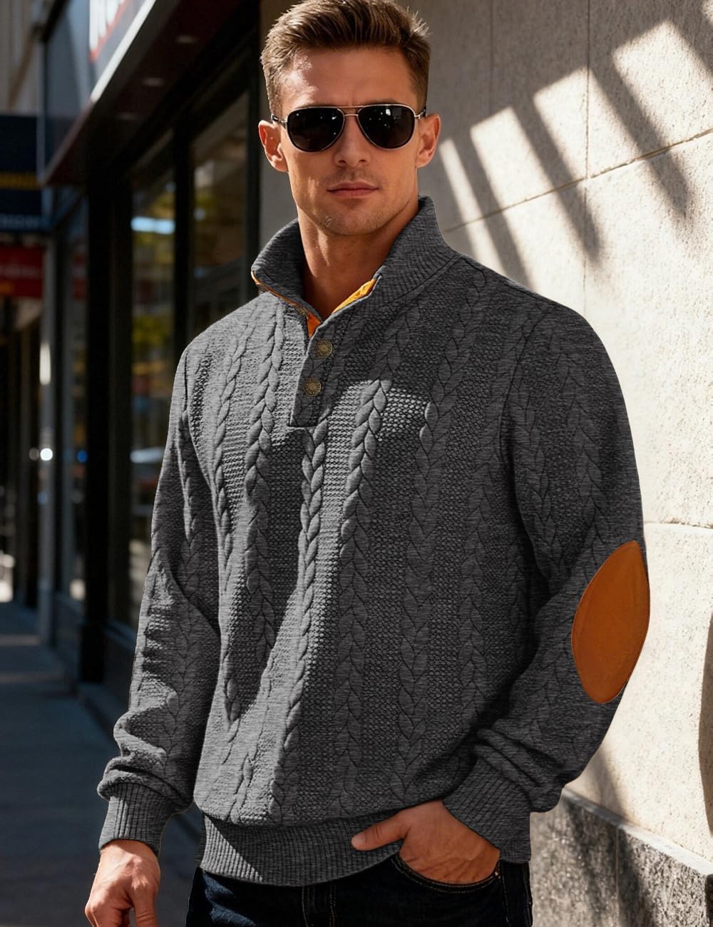 Mens Sweater Knitted Quarter Button Long Sleeve Casual Sweatshirts Quilted Stand Collar Pullover Cable Sweaters - Image 4