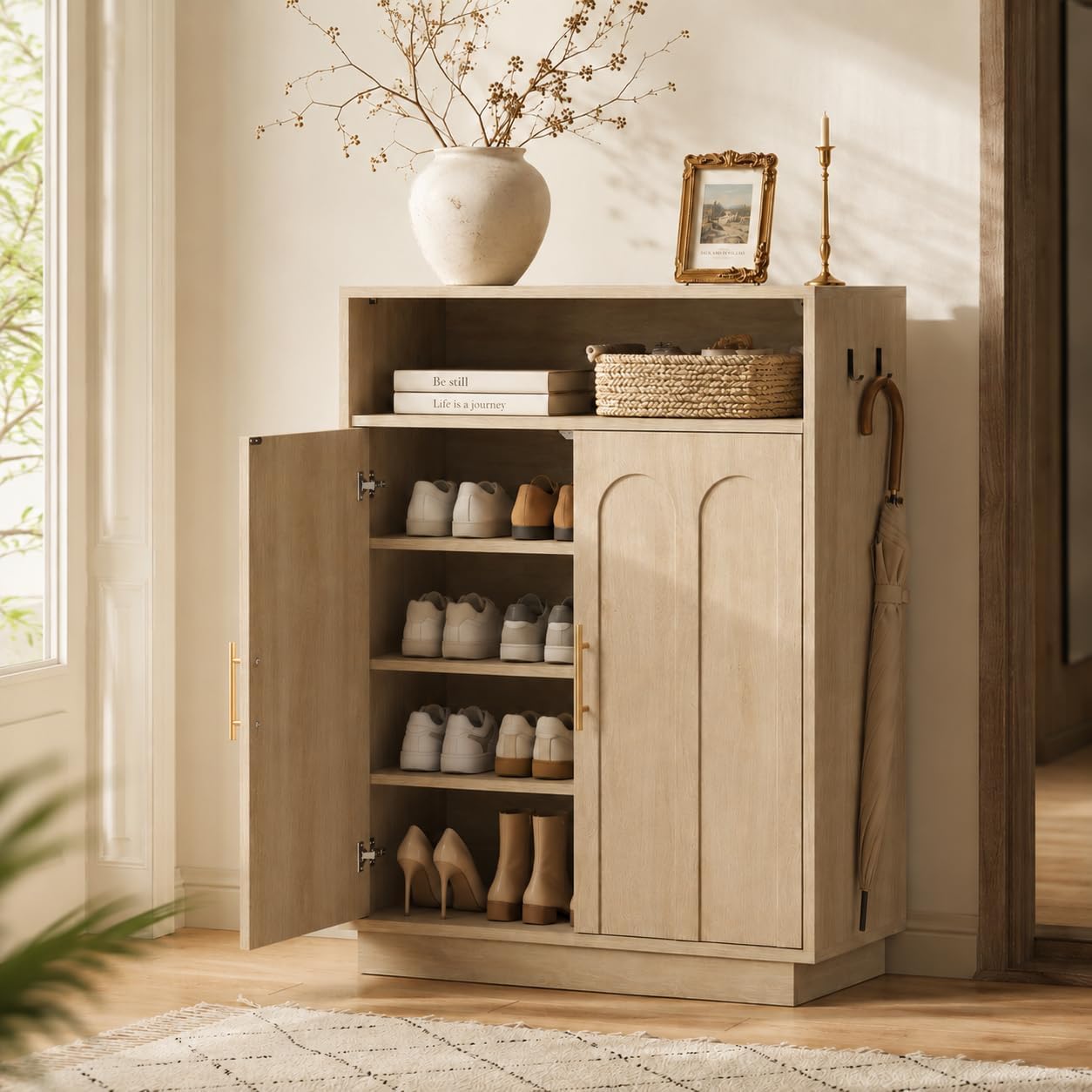 Shoe Cabinet with Arched Doors, 43" Hidden Shoe Storage, Oak
