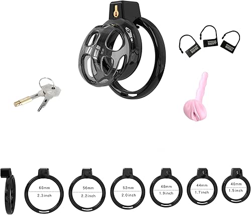 Vista 16 de Soft Rubber Male Chastity Cage, with 6 Size Rings, Invisible Lock Man Penis Exercise Bondage Gear & Accessories Lightweight Adult Sex Toys (Black, L)