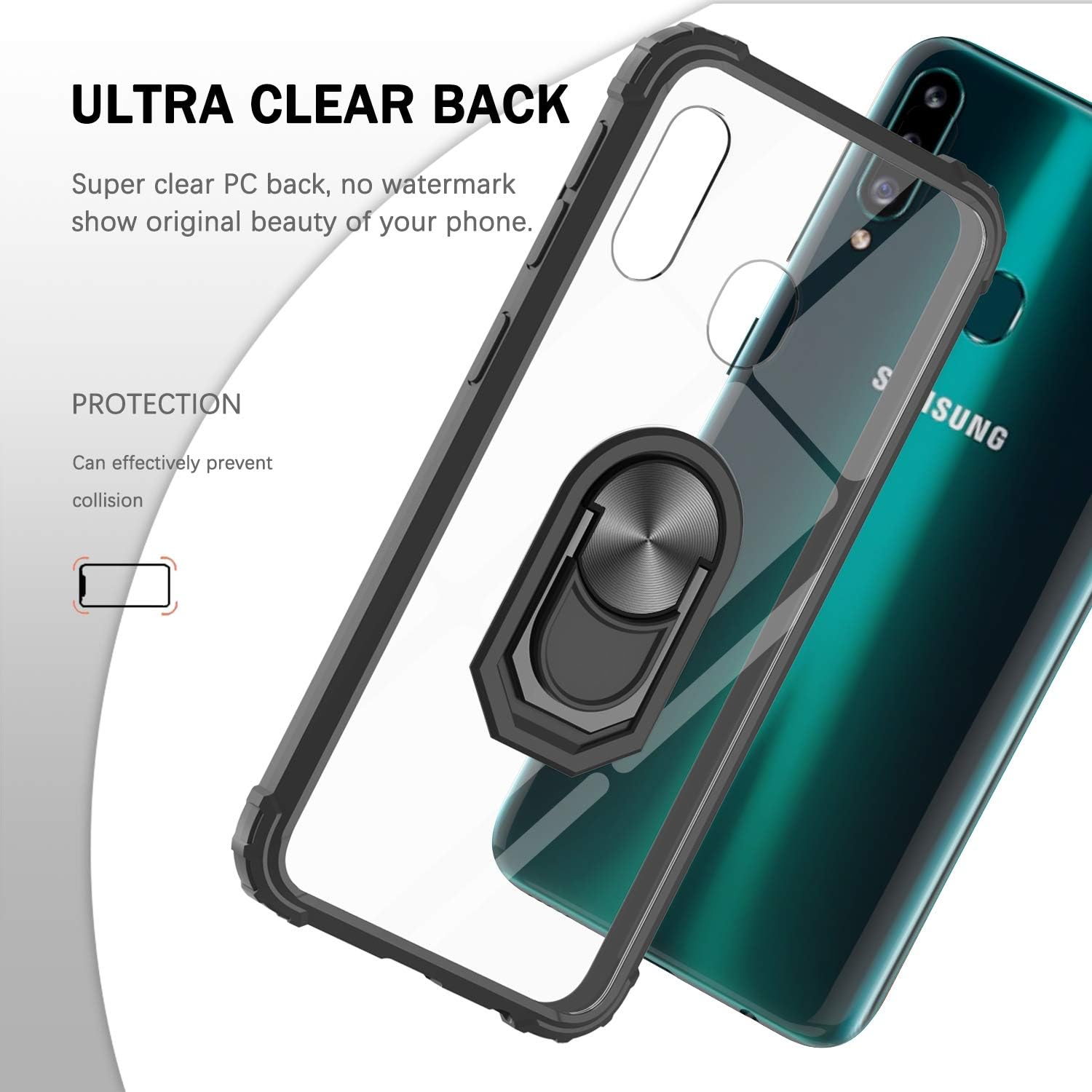 Samsung Galaxy A20S Case (Not Fit A20) with [2 Pack] Tempered Glass Screen Protector, LeYi [Military-Grade] Clear Crystal Shockproof Phone Case with Magnetic Ring Car Kickstand for Samsung A20S, Black
