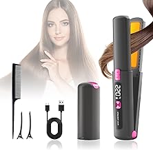 Wireless Hair Straightener, 2 in 1 Portable Mini Straightener and Curling Iron, USB Rechargeable, Fast Heating, 6 Temperature Adjustable, Travel Hair Straightener
