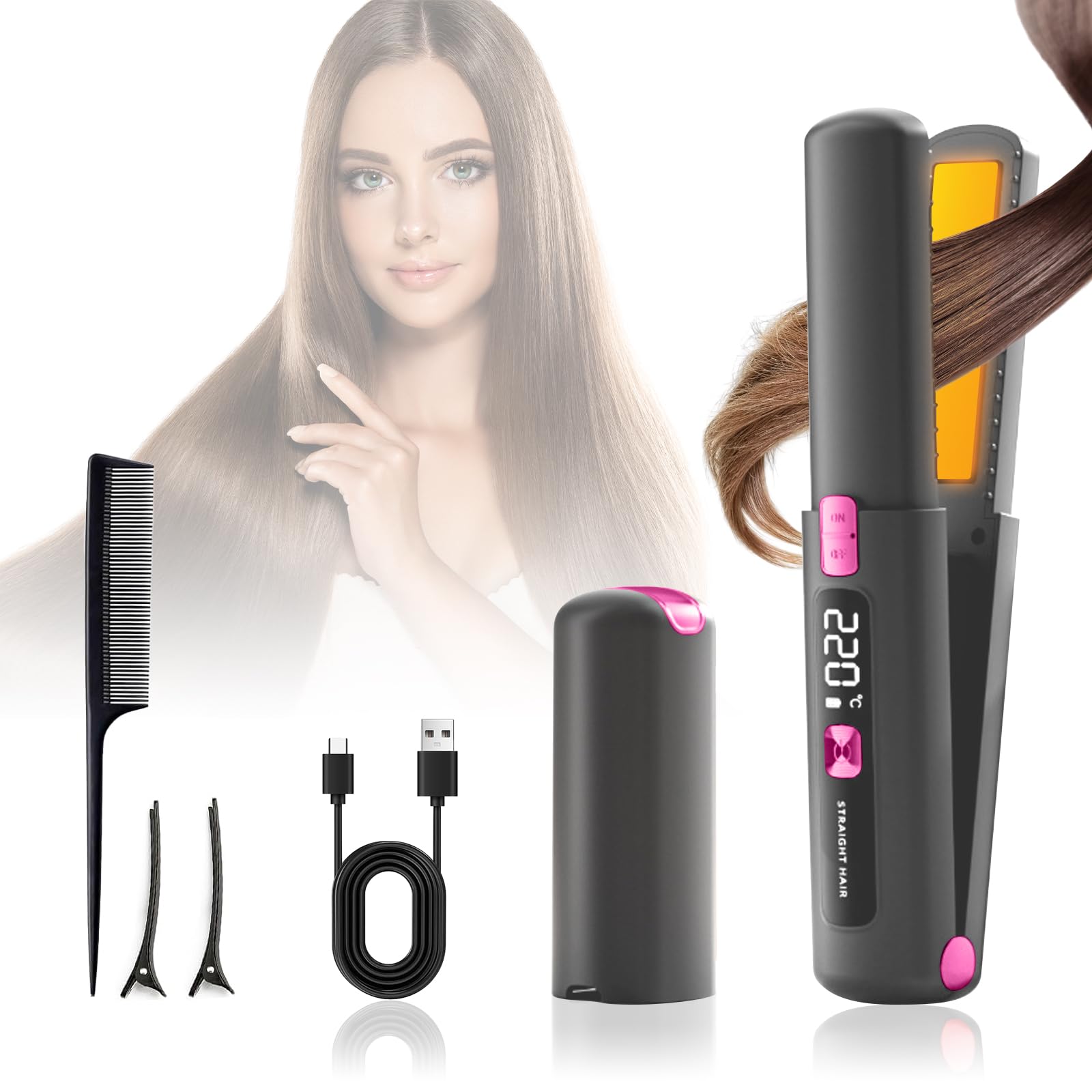 Piastra per Capelli Senza Fili, 2 in 1 Mini Piastra e Arricciacapelli Portatile, Ricaricabile USB, Riscaldamento Rapido, 6 Temperatura Regolabile, Piastra da Viaggio Capelli