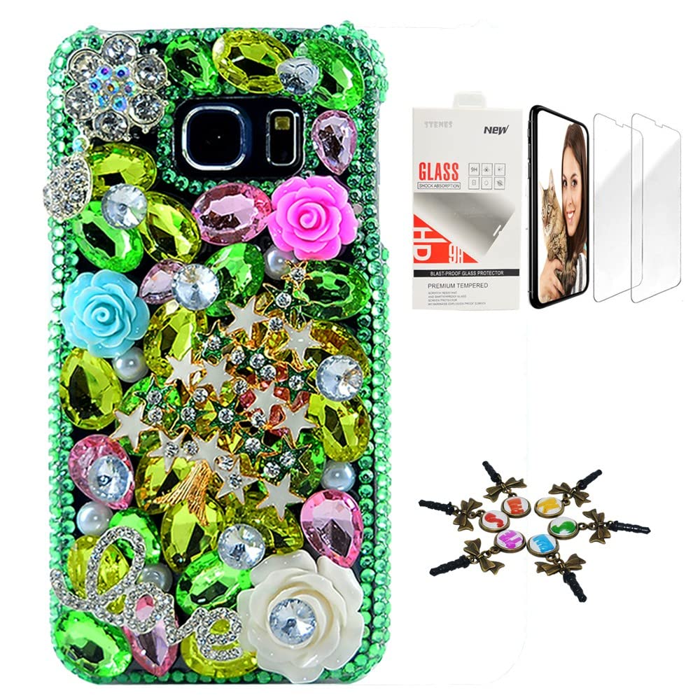 STENES Sparkle Case Compatible with Samsung Galaxy A42 5G Case - Stylish - 3D Handmade Bling Christmas Stars Tree Flowers Love Design Cover Case with Screen Protector [2 Pack] - Green