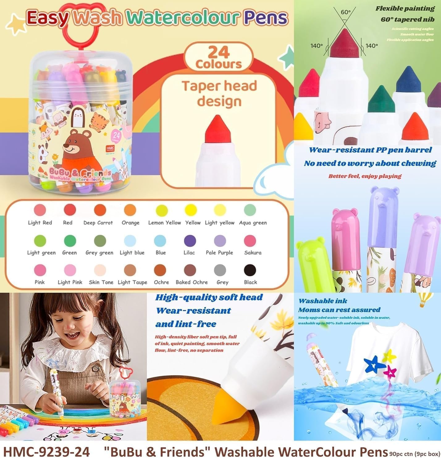 Easy Wash Watercolour Pens – 24 Colours Kids Washable Marker Set with Taper Head, Non-Toxic Ink, Soft Tip, Art & Craft Drawing Pens for Children