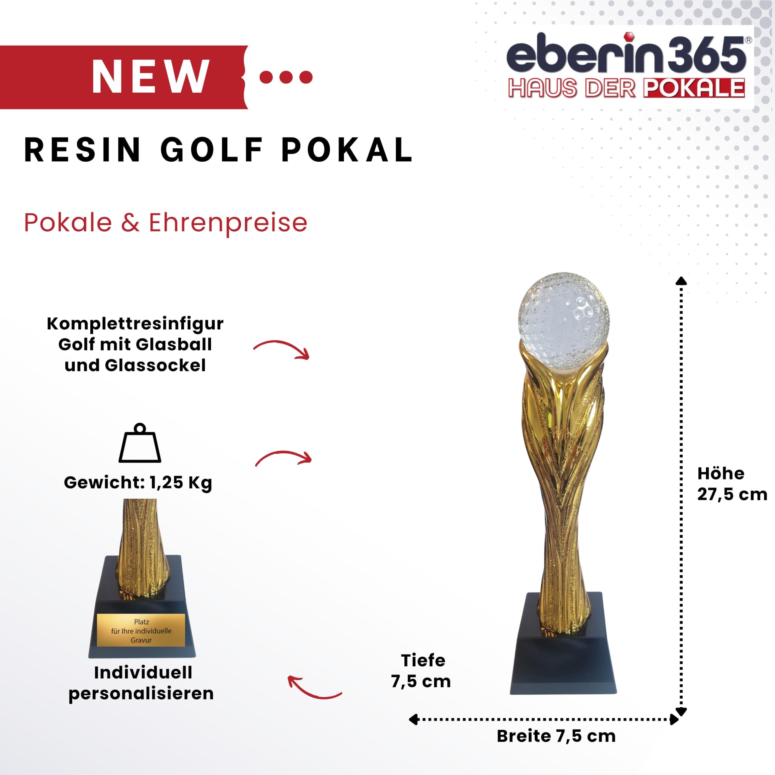Golf Pokal 27,5 cm mit Glas Golfball auf Glassockel – edle Trophäe mit Goldener Säule aus schwerem Resin – hochwertiger Award mit Gravurschild kein Kunststoff für Turniere & Vereine