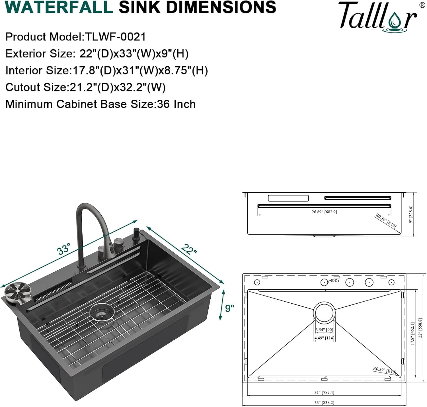 33 Luxury Waterfall Kitchen Sink - Smart Drop In Kitchen Sink 33x22 Workstation Gunmetal Black NANO-PVD Topmount Stainless Steel 16 Gauge Single Bowl All-In One Dual-Waterfall Sinks #TLWF-0021