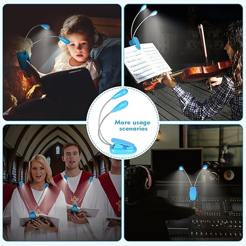 Miniatura 5 de TEECOO Luz de soporte de música, luces LED de libro con clip, funciona con pilas USB y AAA, lámpara de lectura en la cama, 4 niveles de brillo, Azul