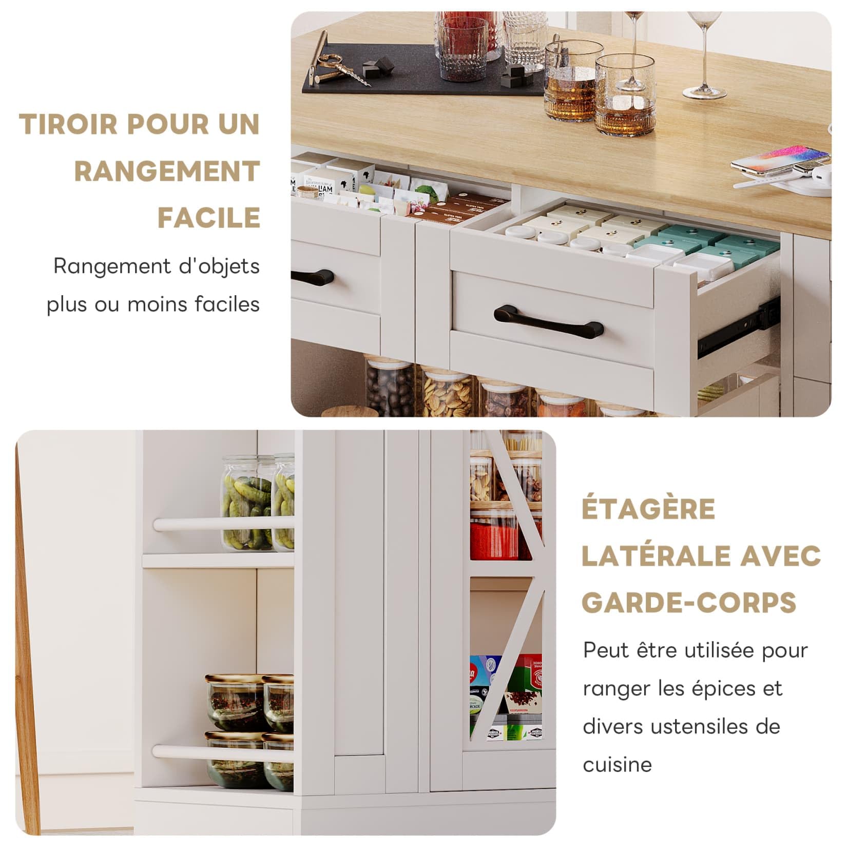 Desserte Cuisine à Roues Verrouillables 120x65x92cm,Ilot Central Cuisine avec Plan de Travail Pliable,2 Tiroirs,6 Étagères Ouvertes,Étagères Réglables,2 Portes Vitrées,Prises (A-Blanc)