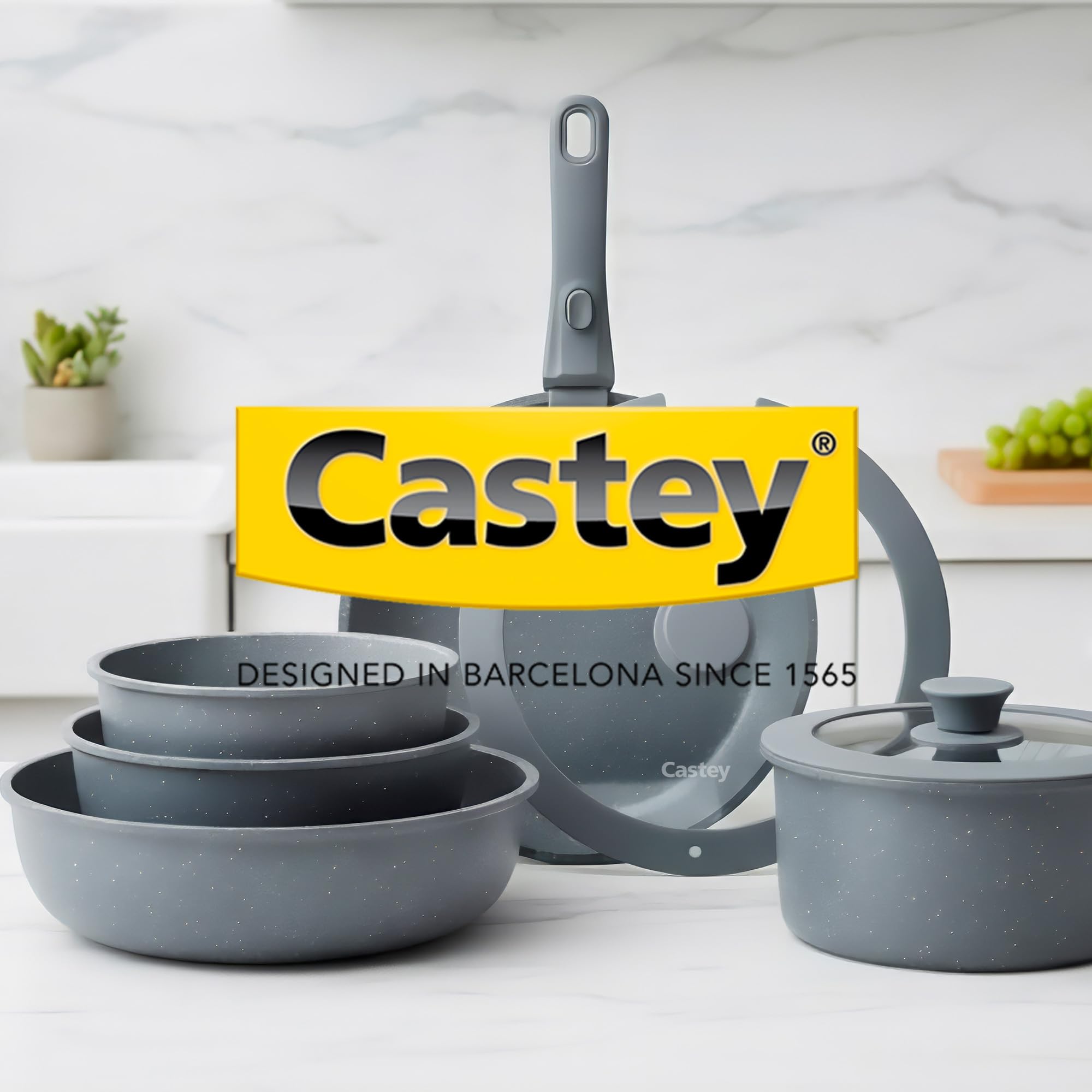 CASTEY - Batería de Cocina 8 Piezas, Modelo BAT-C8GR, Acero Inoxidable 18/10, Base de Aluminio, Recubrimiento Antiadherente Sin PFOA, Sartenes, Ollas y Cacerolas con Tapa y Mango Extraíble, Gris
