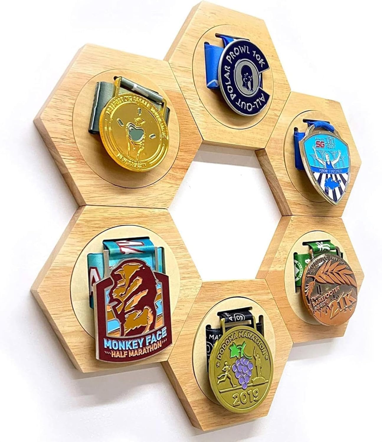 Njtihg Photo Frame Photo Frames Picture Frame Honeycomb Combination Medal Stand Wooden Hexagonal Medal Display Free Punch-Wood Color||6Pack (137.6 * 120 * 15Mm)