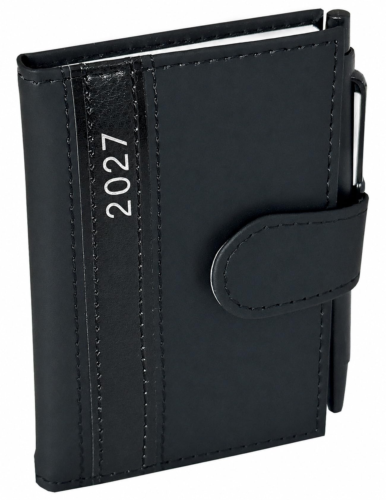 Pocket Calendar 2027 A7 with Ballpoint Pen, Diary & Calendar 2027 in Fine Leather Look Small with Pen Including Annual Calendar and Weekly Overview (Black)