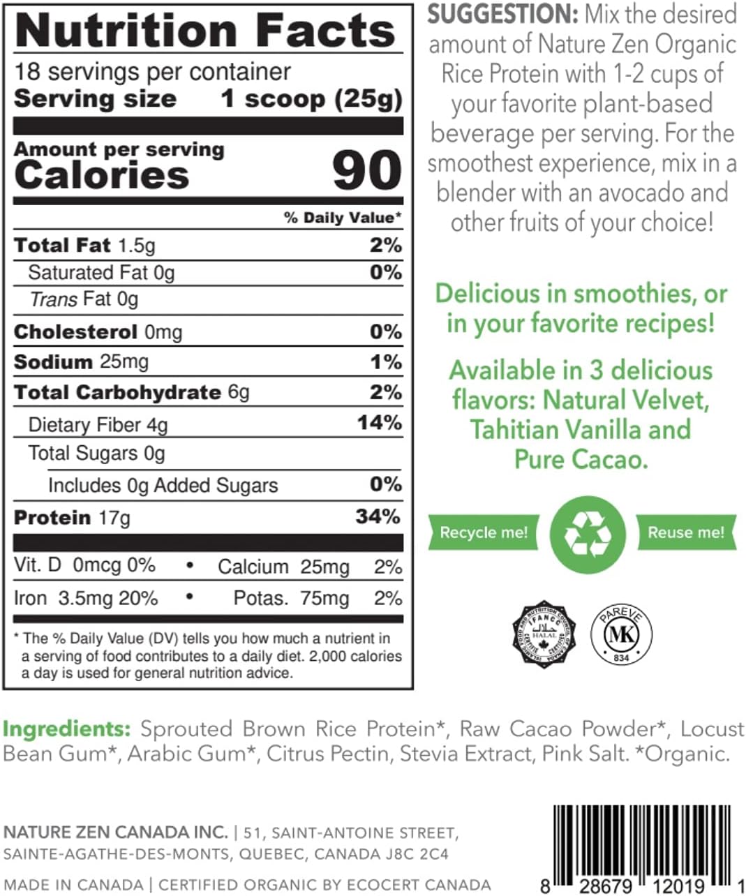 Nature Zen Organic Rice Protein Powder- Plant Based, Sugar & Gluten Free, No Soy & Peanuts (Pure Cacao