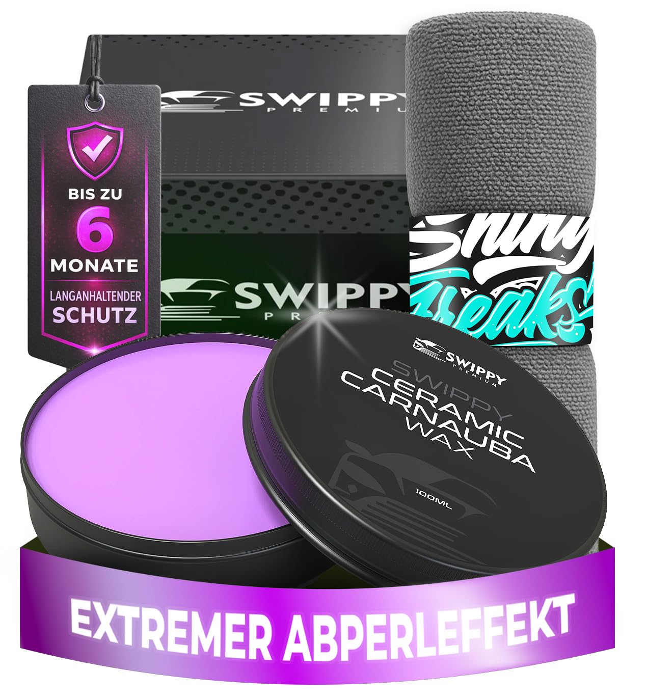 Swippy Ceramic Carnauba Wax (100ml) Premium Autowachs + Shiny Freaks Mikrofasertuch | Lackversiegelung mit extremem Abperleffekt - Keramikersiegelung Auto für starken Lackschutz & Glanz | 2-teilig
