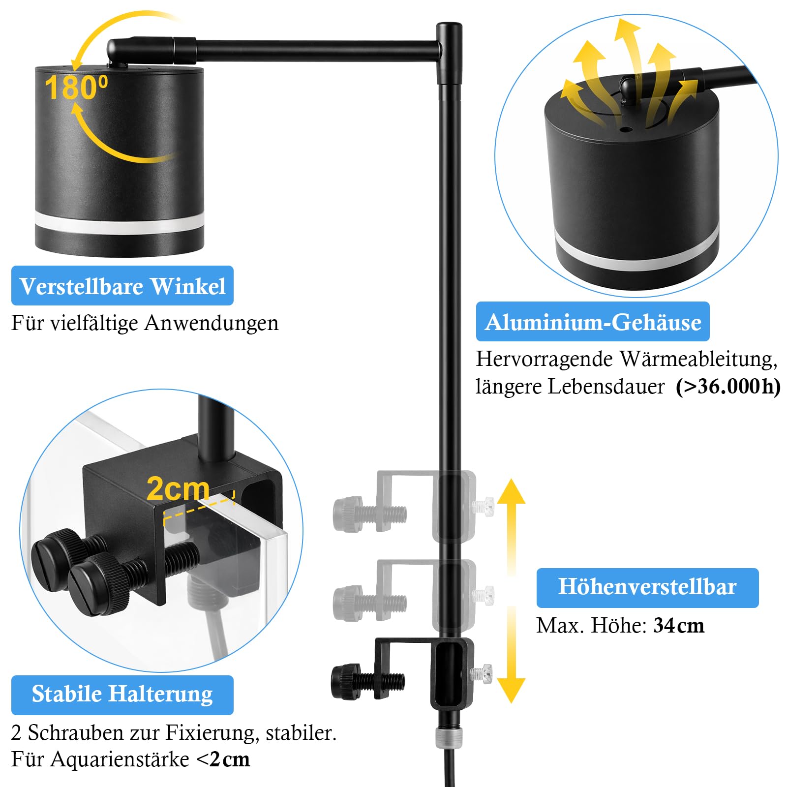 FEDOUR Clip-On Aquarium Beleuchtung, 8.5-15W Aquarien Lampe COB Spotlight mit Timer, 3 Licht Modus, 10-stufige Helligkeitseinstellung, Höhen- und Neigungsverstellbar, – für Süßwasser- und Riffaquarien