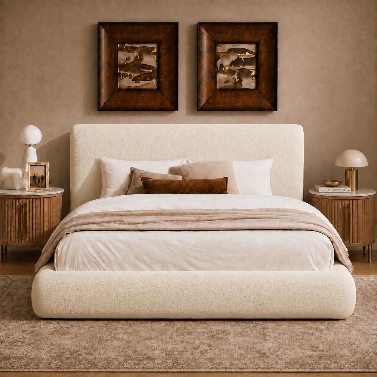 Brafab Queen Cloud Bed Frame, Upholstered Queen Size Bed Frame, Cream