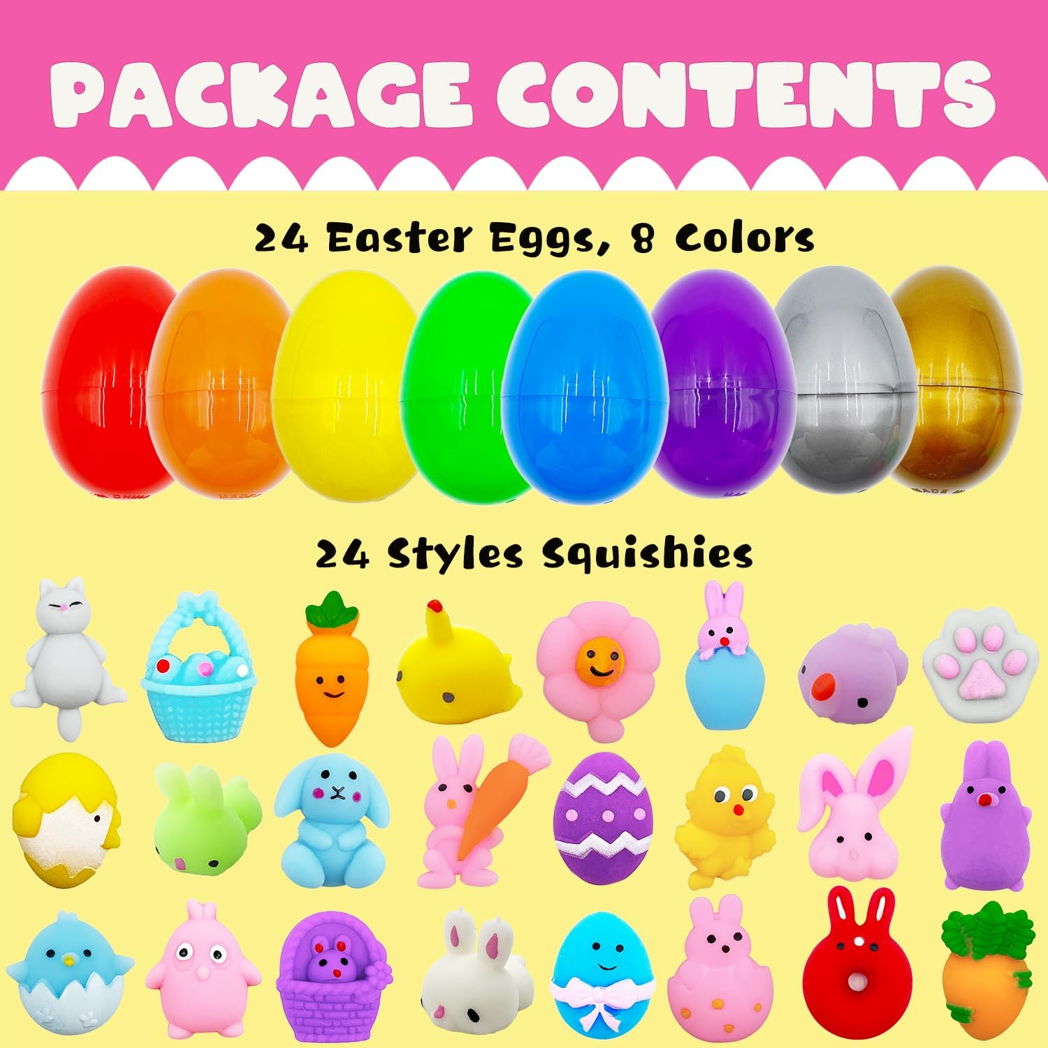 24 Pack Easter Mochi Squishy Toys Filled Easter Eggs, Plastic Easter Eggs Filled with Easter Squishy Toys for Eggs Hunt, Gifts for Kids Boys Girls Party Favors, Easter Basket Stuffers