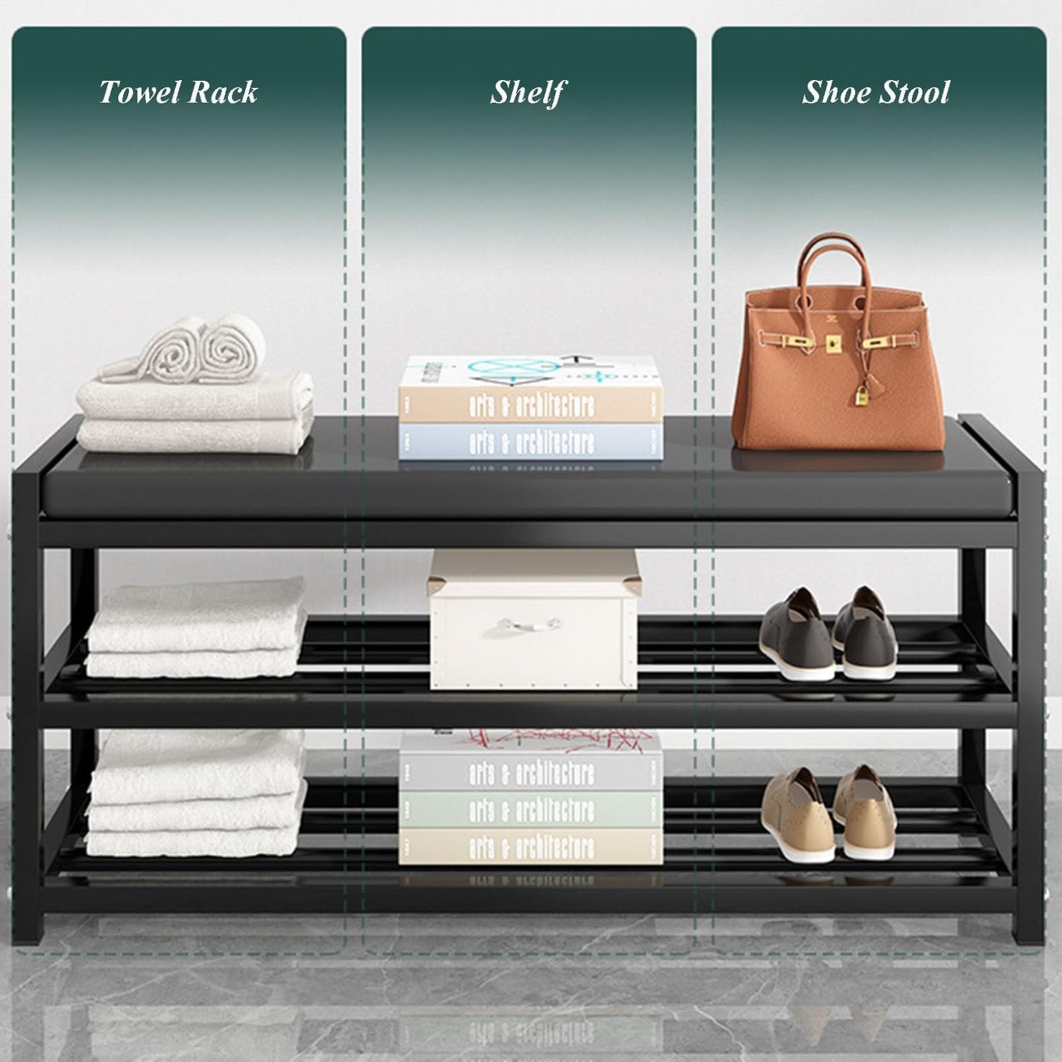 Upholstered Entryway Bench, Stainless Steels Shoe Rack, Bedroom Bench Dining Bench with PU Leather Padded Seat for Kitchen, Living Room, Storage Shelf with High and Low Levels