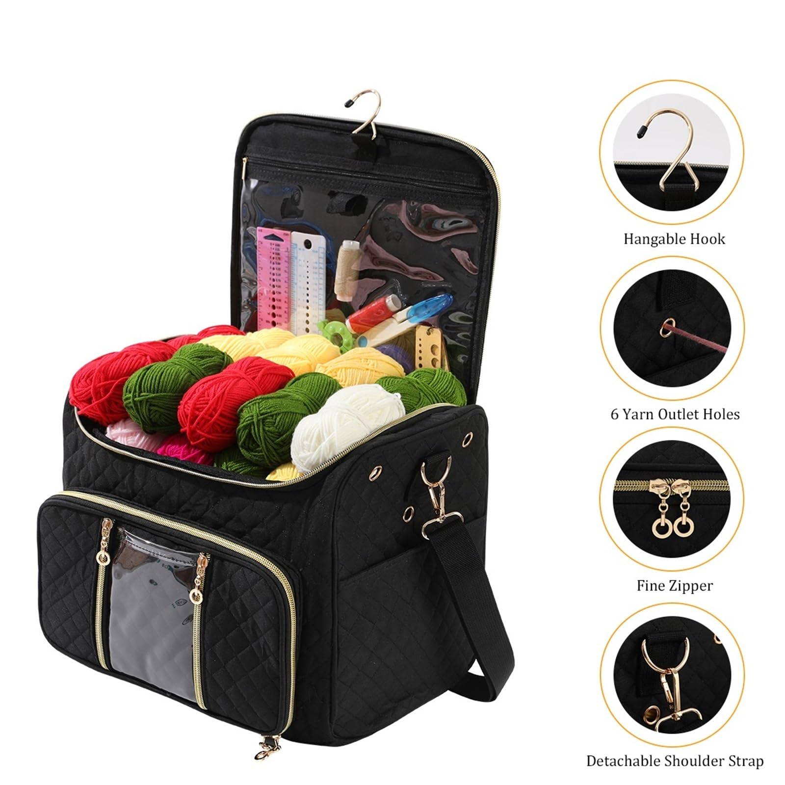 projekttasche für strickzeug Empty Knitting Storage Bag Crochet Multifunctional Tote Bags Large Capacity DIY Needle Arts Craft Yarn für Wolle und Strickzubehör(Black)