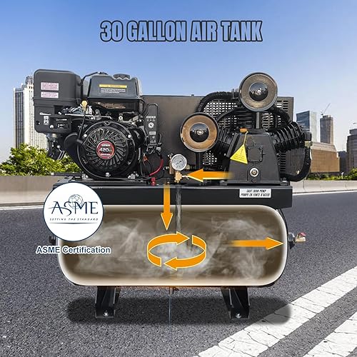 Miniatura 6 de Compresor de Aire de Gas 13HP 24CFM 180PSI - Arranque Eléctrico Alimentado por Gas con Tanque ASME de 30Gal, Bomba de Pistón Industrial